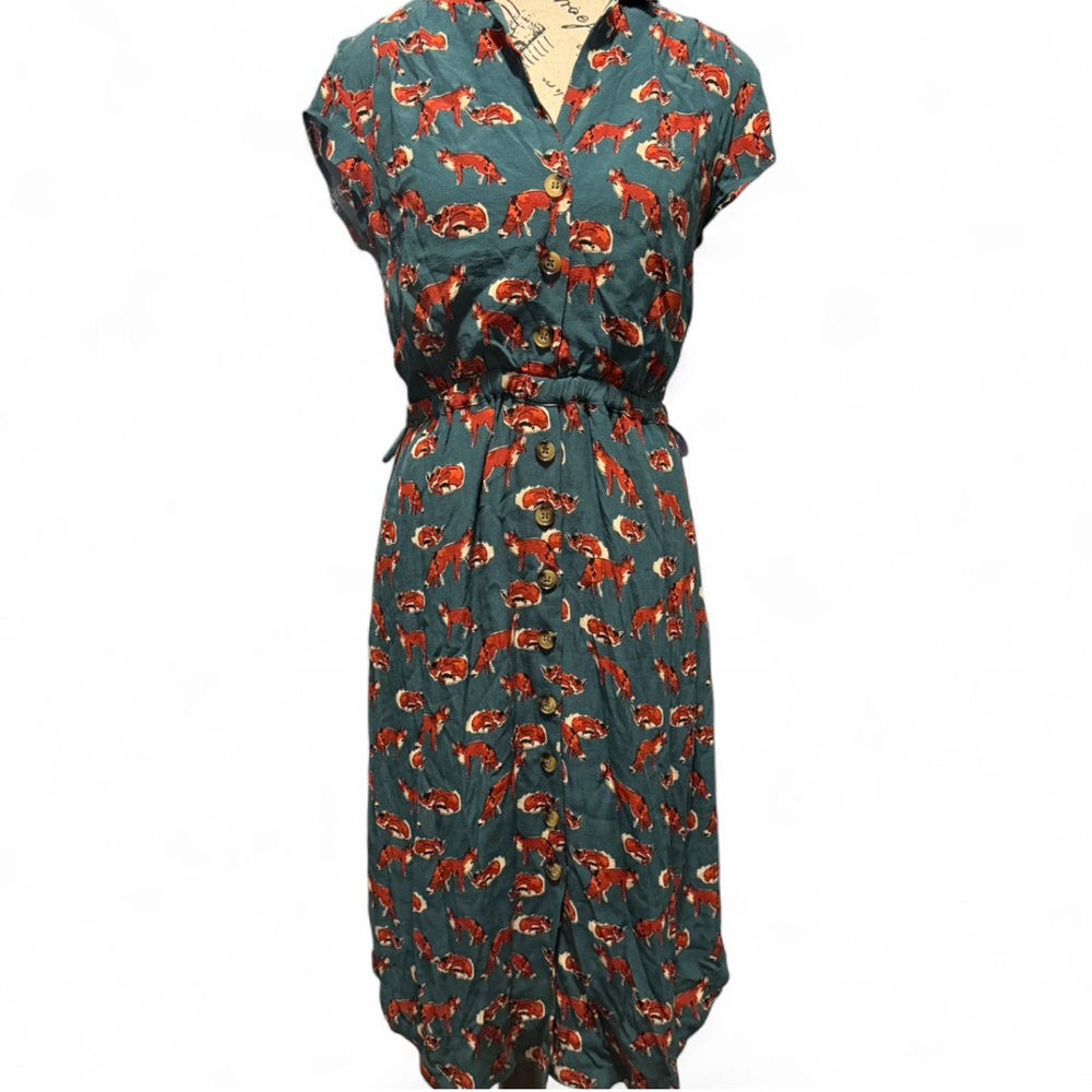 Maeve by Anthropologie Teal Dress with Fox Pattern